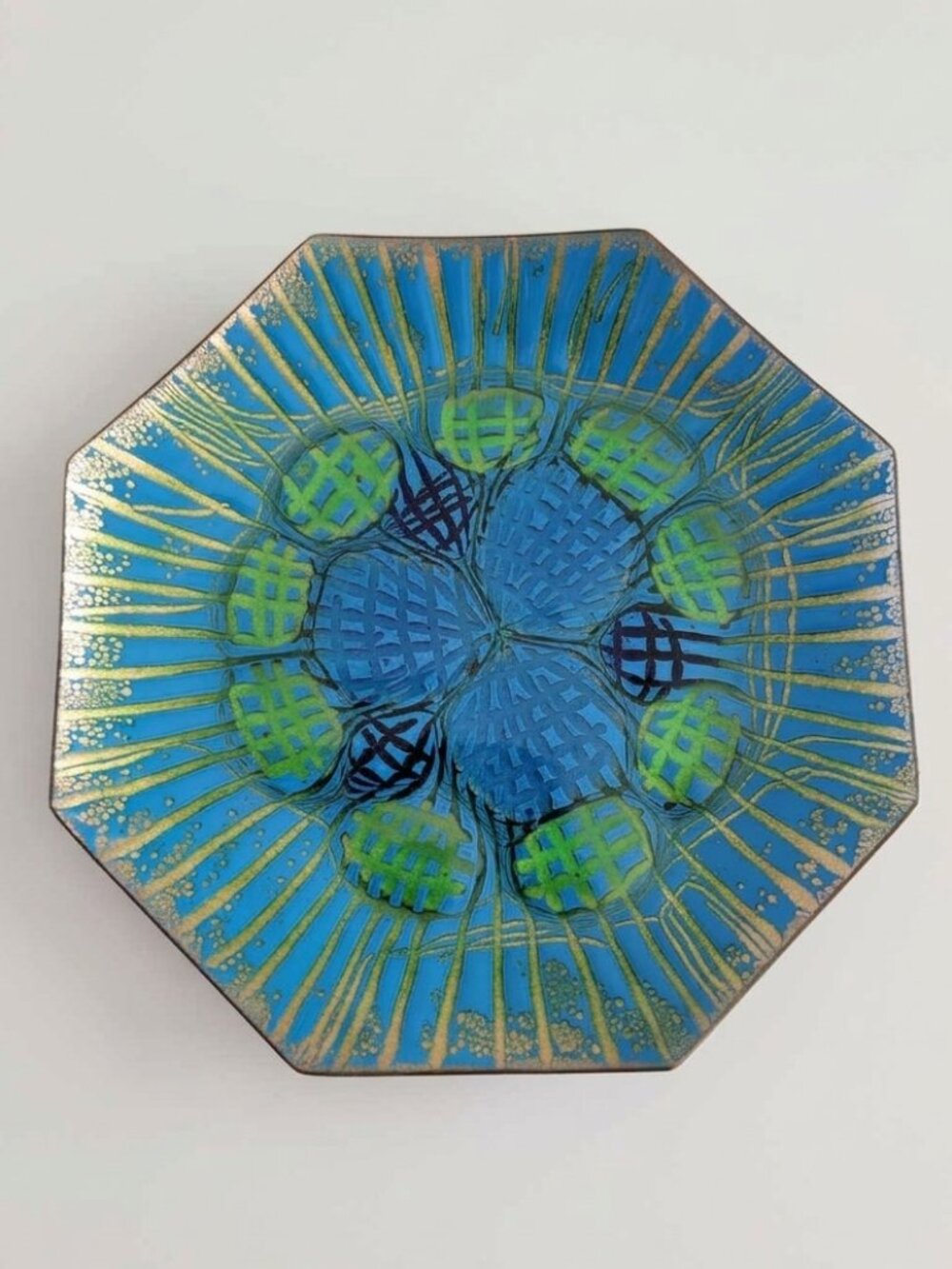 MCM Annemarie Davidson Copper Enamel Plate Blue Green Abstract 6" Signed